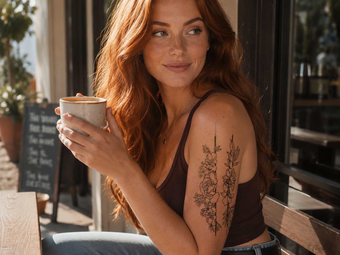 Woman holding a coffee cup at an outdoor café, smiling in a maroon top with floral arm tattoo.