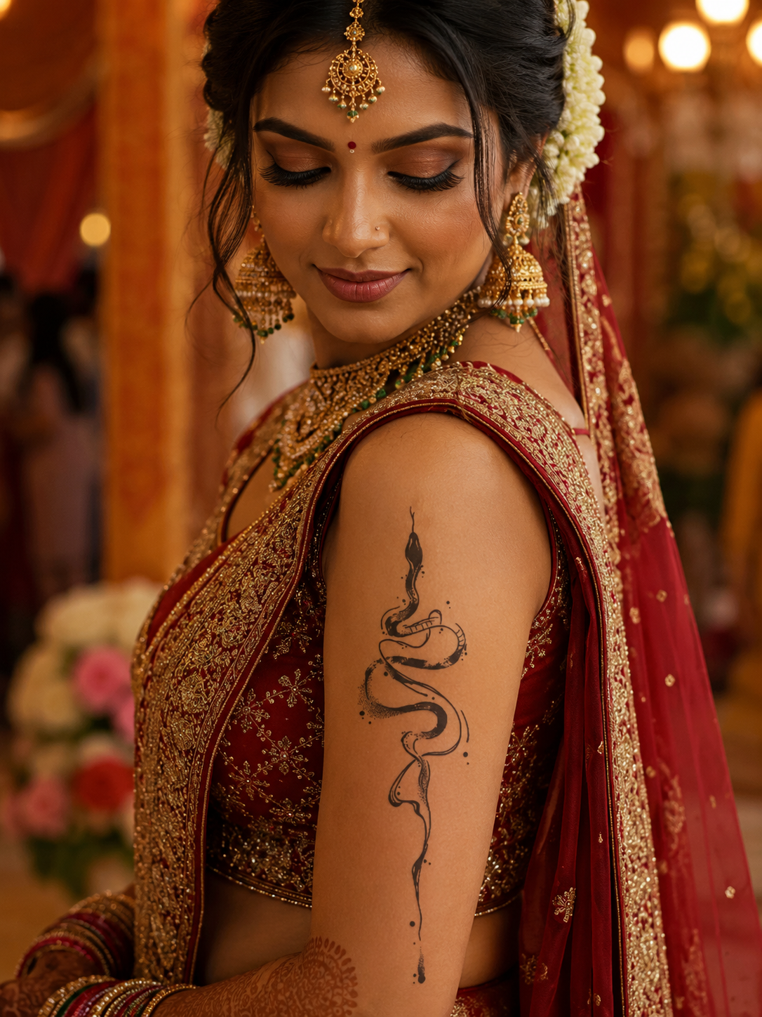 Bride in red saree with floral jewelry, looking down, showing a henna snake design on her arm