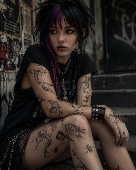 Side view of an arm with a large blue wave tattoo in a dark setting