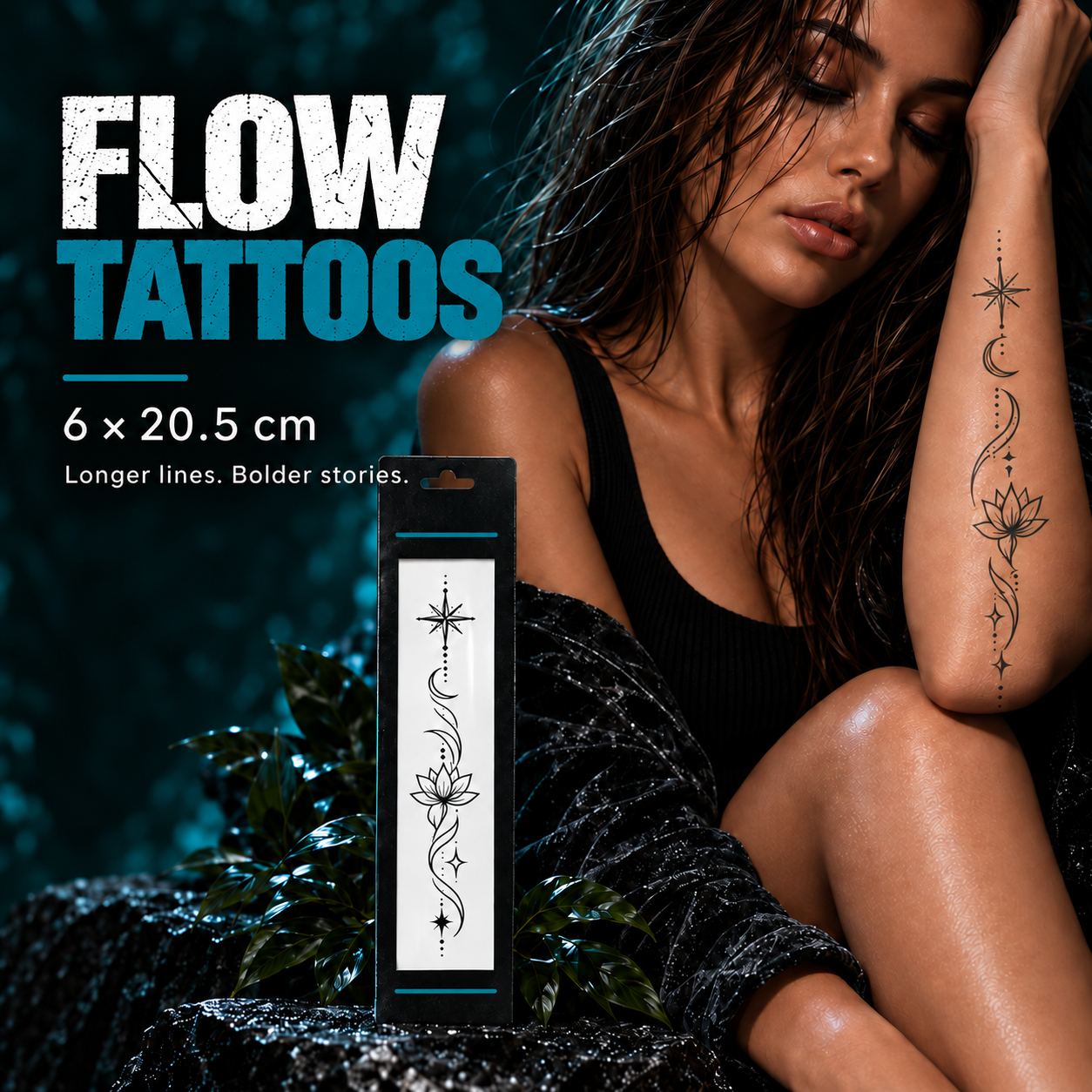 Flow tattoos ad showing a black floral arm tattoo strip on a model in a dark setting