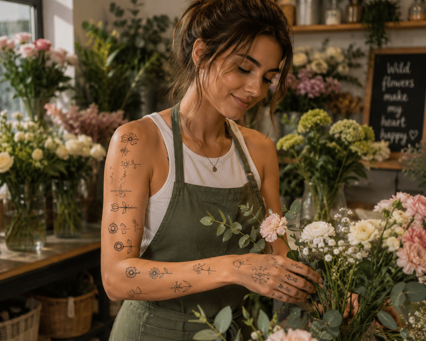 Florist arranging white flowers in a cozy shop, wearing a green apron and smiling