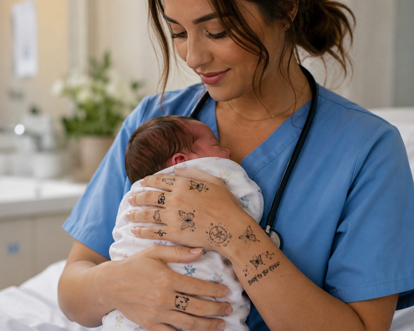 Nurse in blue scrubs gently holds and comforts a newborn in a bright hospital room