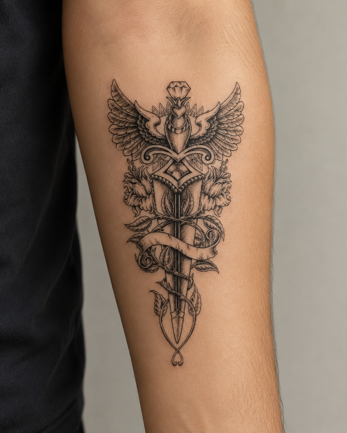Black-and-gray winged dagger tattoo on a forearm with ornate floral details