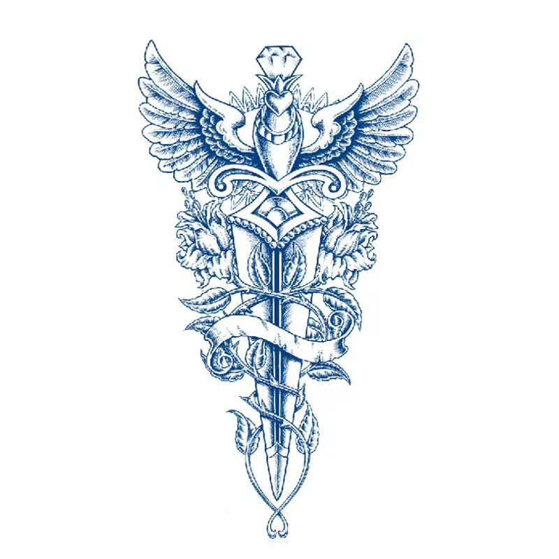 Black-and-gray winged dagger tattoo on a forearm with ornate floral details