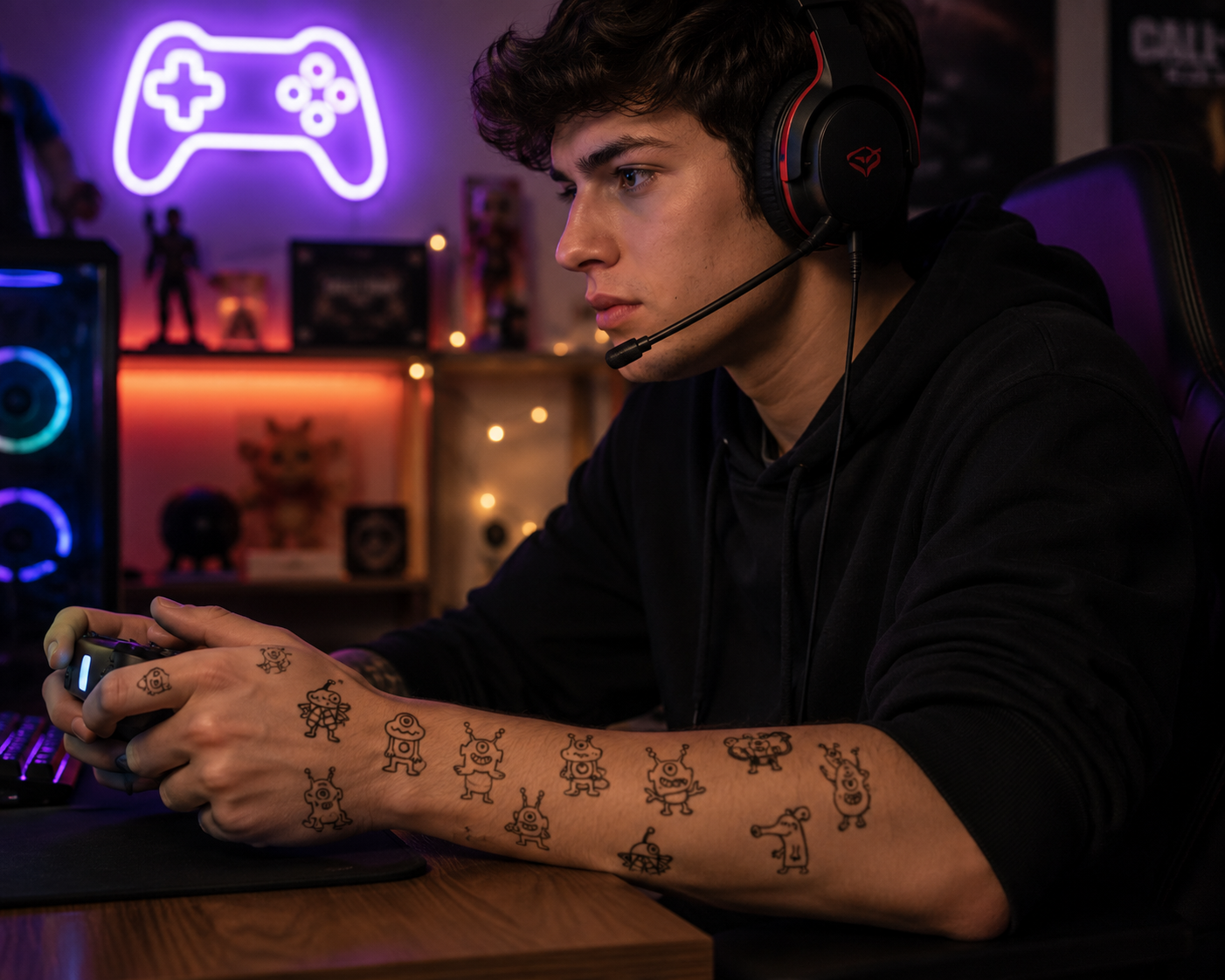 Gamer at desk using a controller, lit by purple neon game sign and warm room lights.
