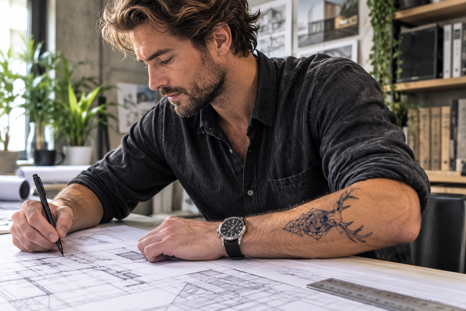 Man writing on large paper plans at a desk in a bright office, focused on work