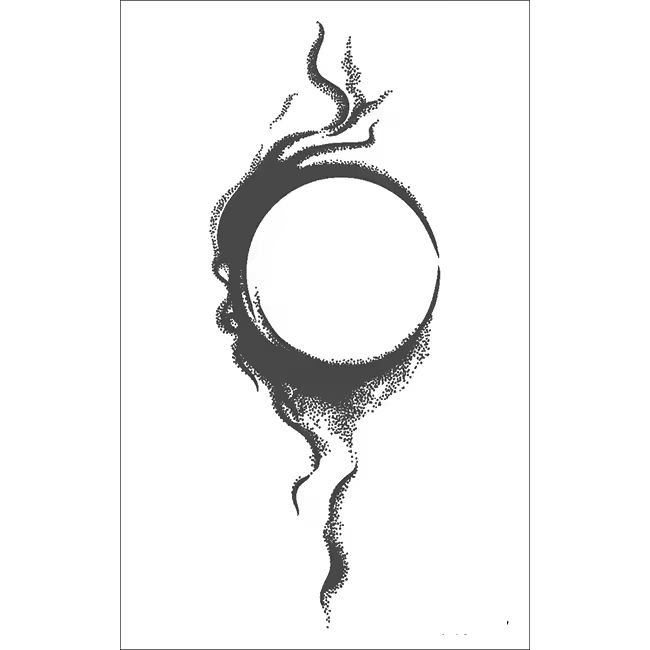 Leg calf tattoo of a black circular eclipse design with flame-like accents, shown with black shorts and sneakers