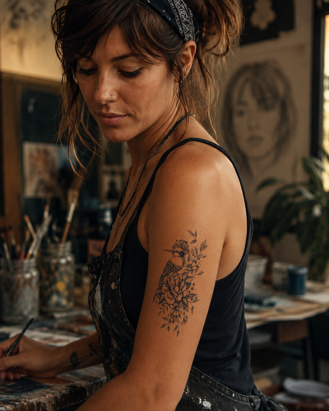 Woman with a floral tattoo painting at an art studio desk