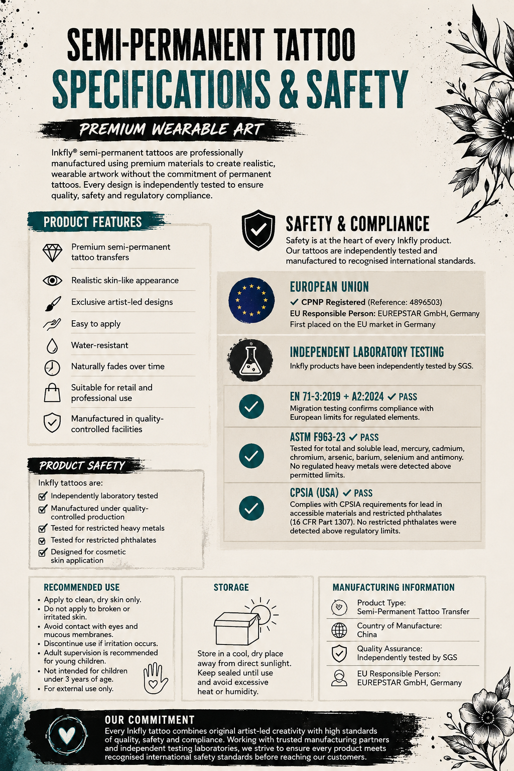 Infographic on semi-permanent tattoo specifications and safety, with black-and-white text boxes and icons.