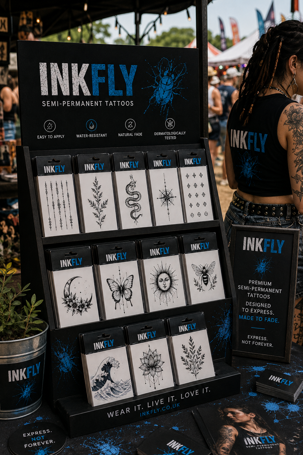 INKFLY tattoo display booth with flash sheets, black signage, and a tattooed model standing beside it