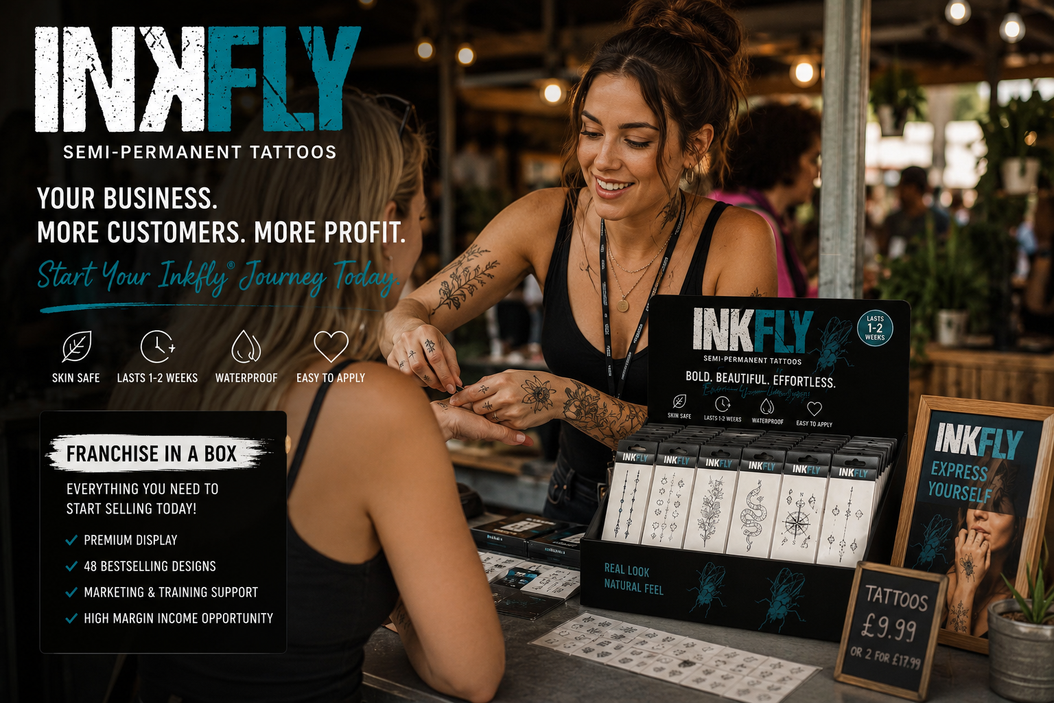 INKFLY tattoo studio promo with smiling artist, service menu, and bold logo in a warm-lit shop