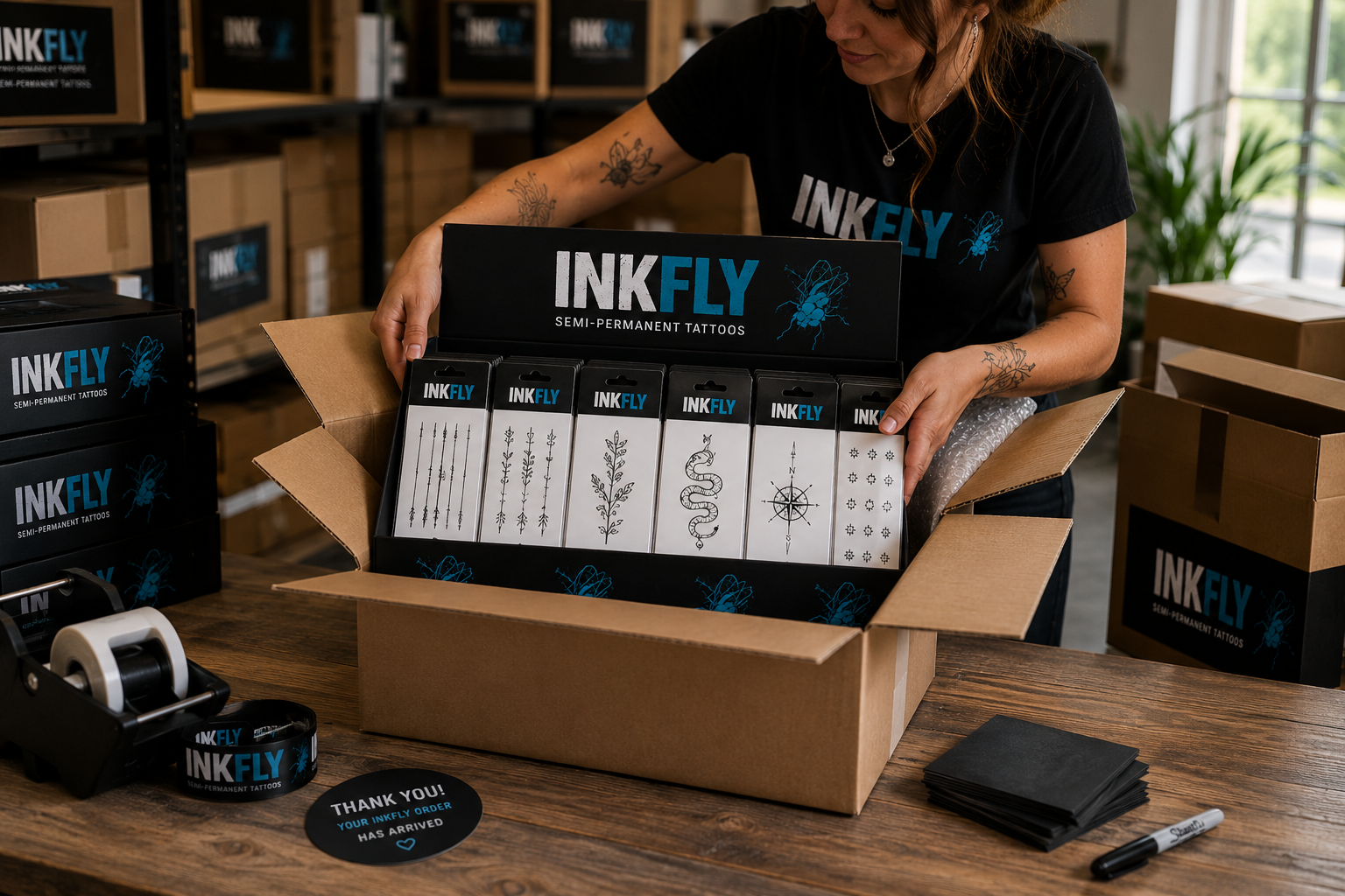 Person packing INKFLY branded ink cartridge boxes at a table with shipping supplies
