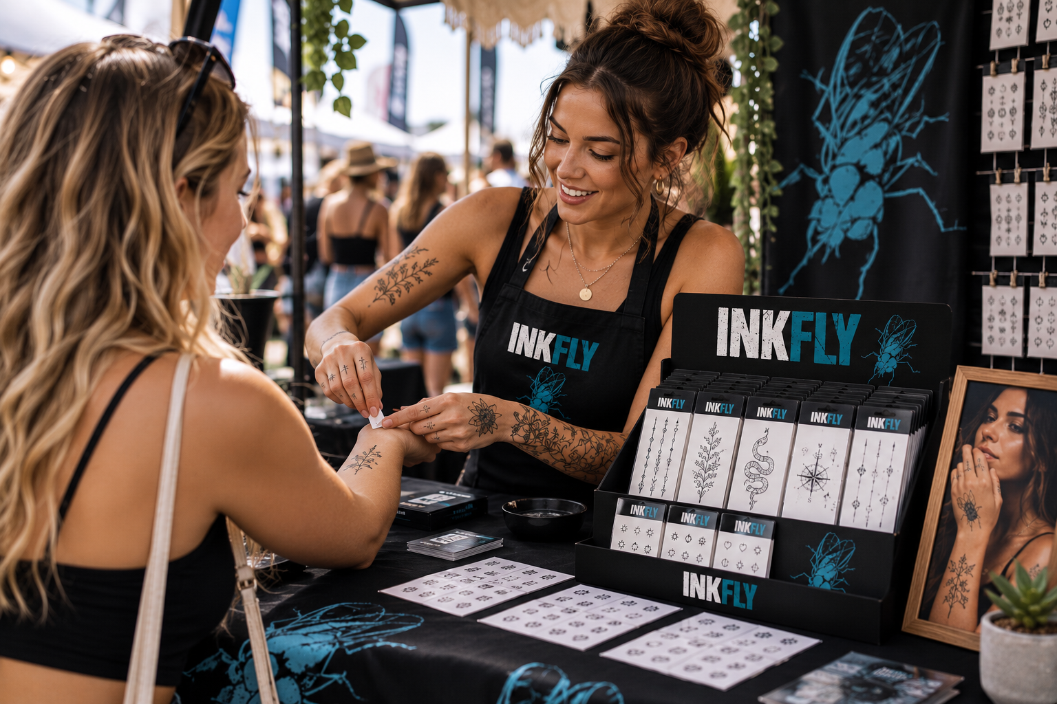 Tattoo artist at an INKFLY booth showing designs to a customer at an outdoor market