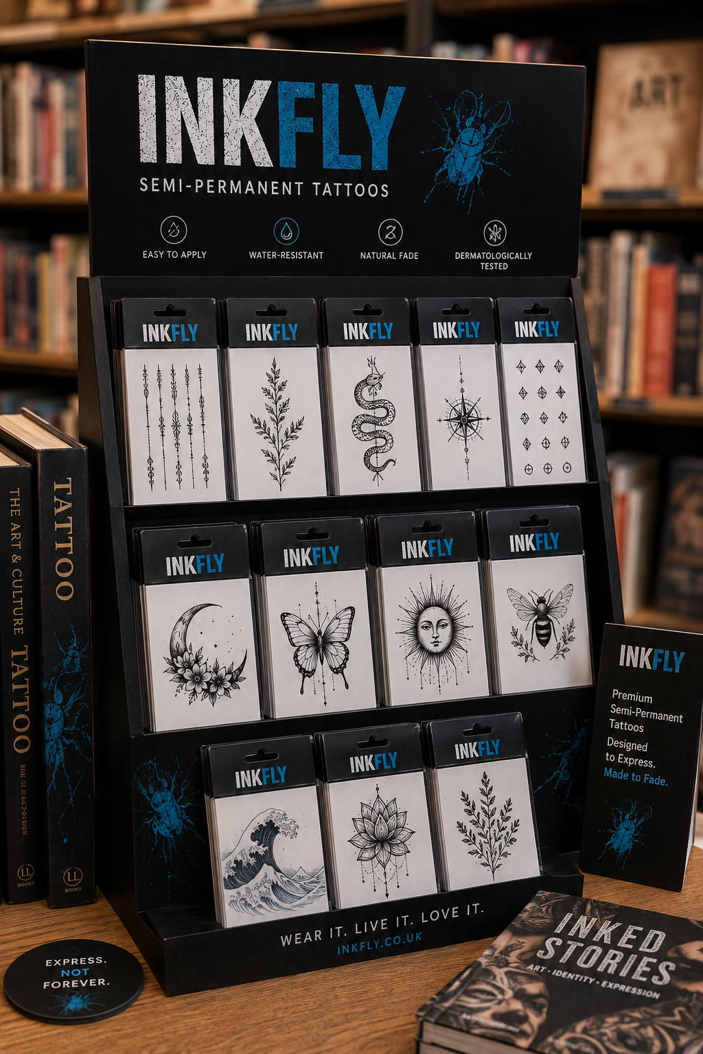INKFLY semi-permanent tattoos display stand with assorted black-and-white tattoo designs