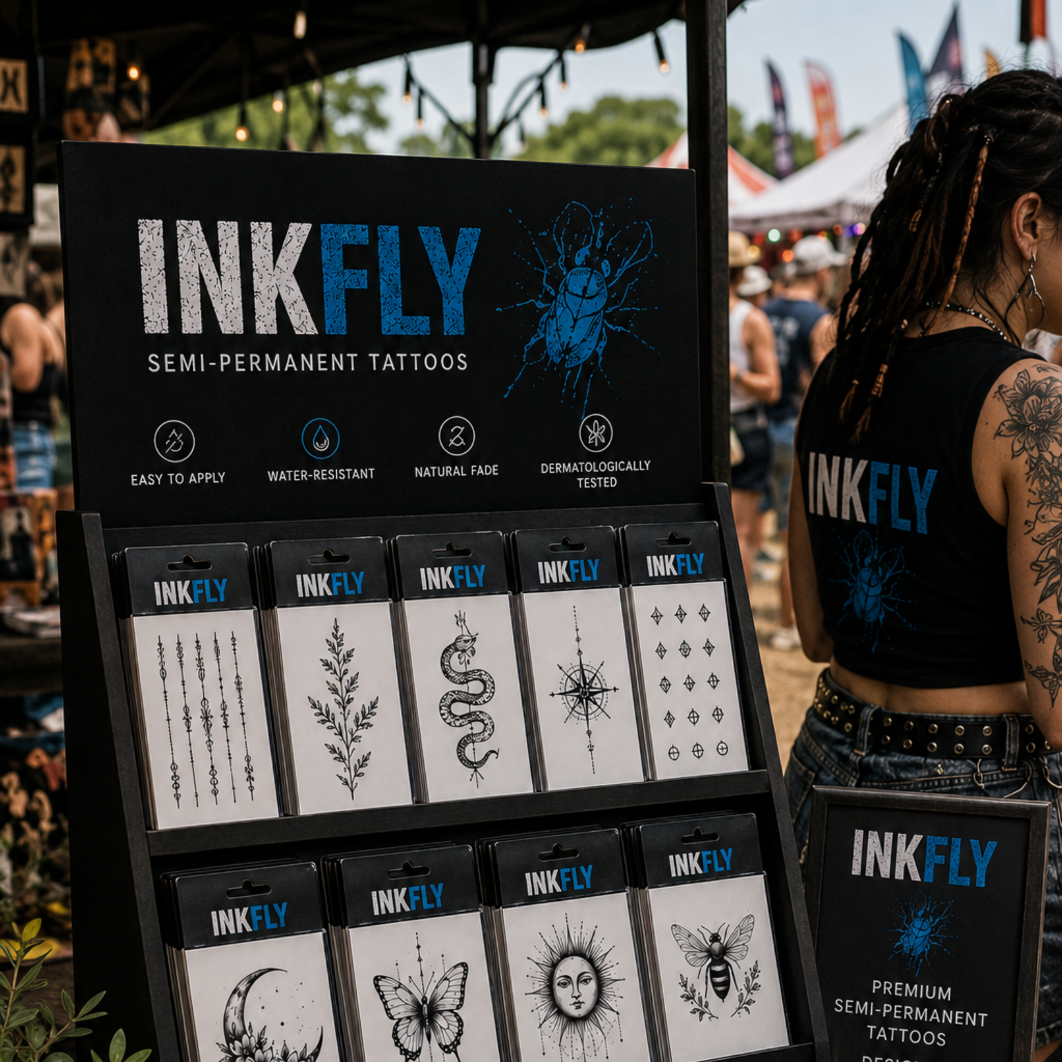 A trendy festival market stall showcasing semi-permanent tattoo designs to a young crowd.