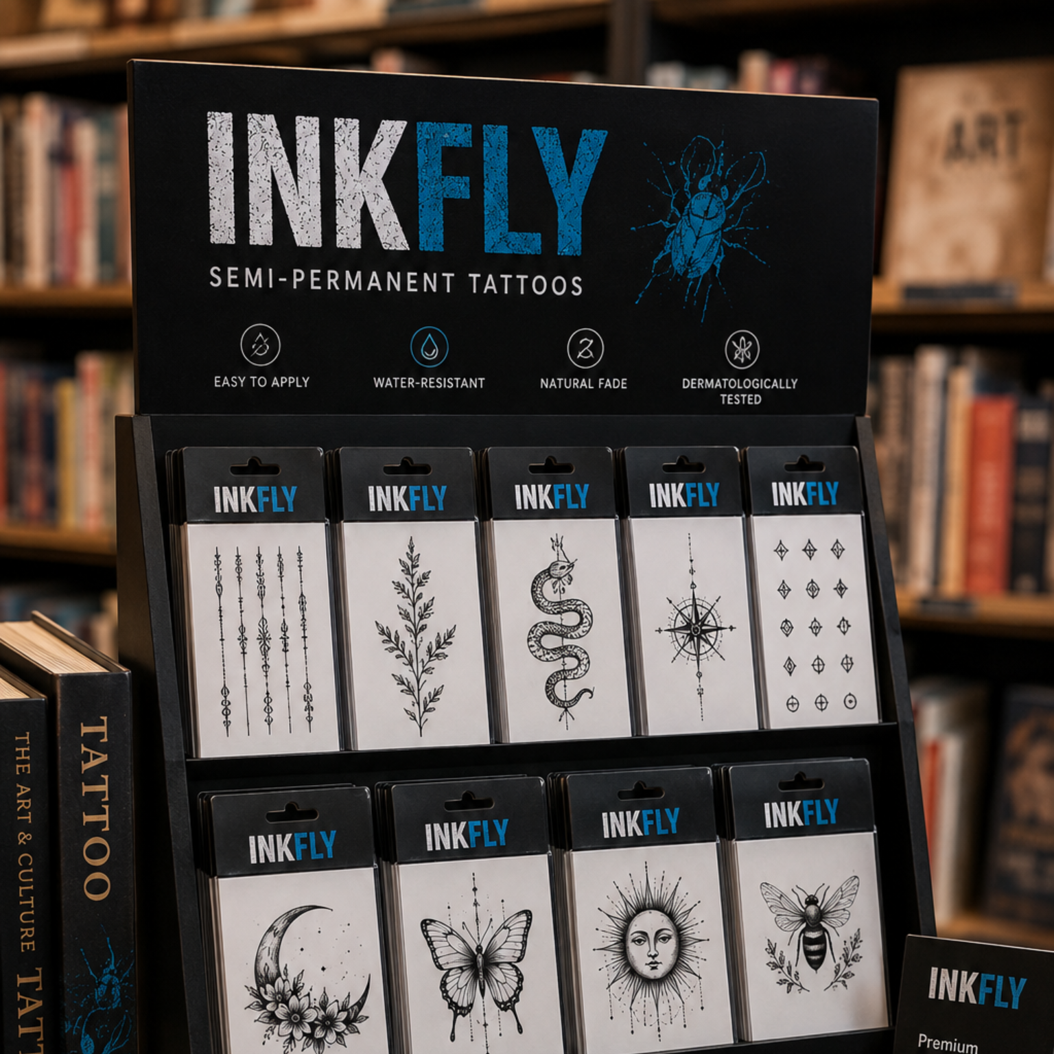 Sleek retail stand featuring edgy temporary tattoo designs in a fashion boutique.