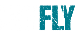 Teal distressed text reading “FLY” on a white background