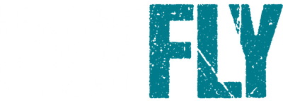 Teal distressed text reading “FLY” on a white background