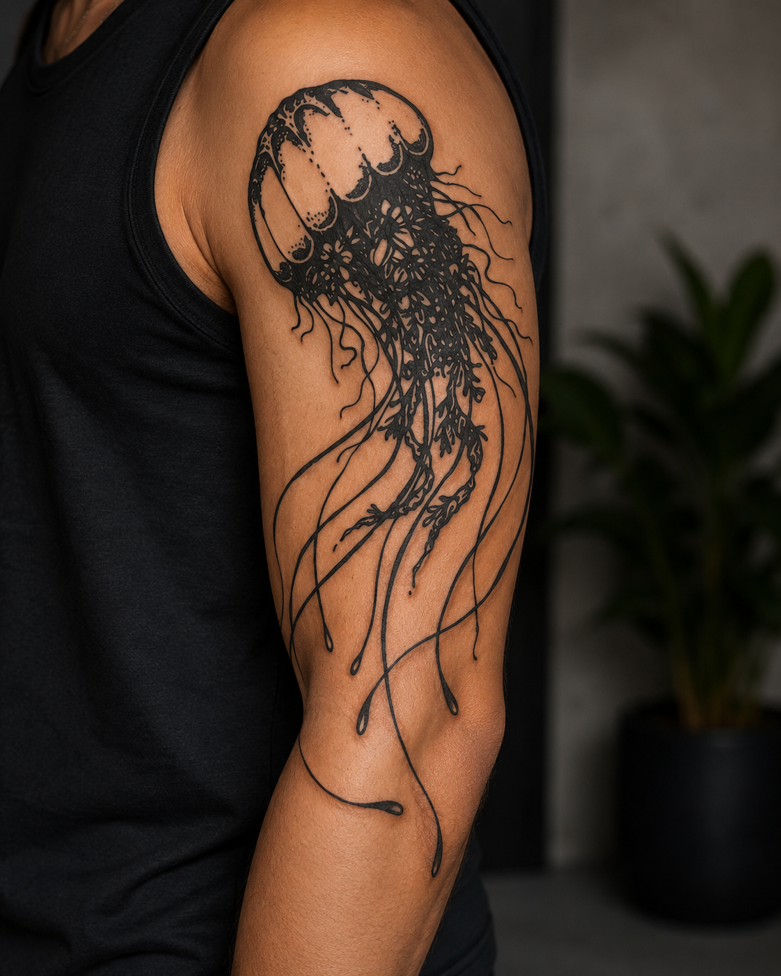 Black ink jellyfish tattoo on a person’s upper arm against a dark background