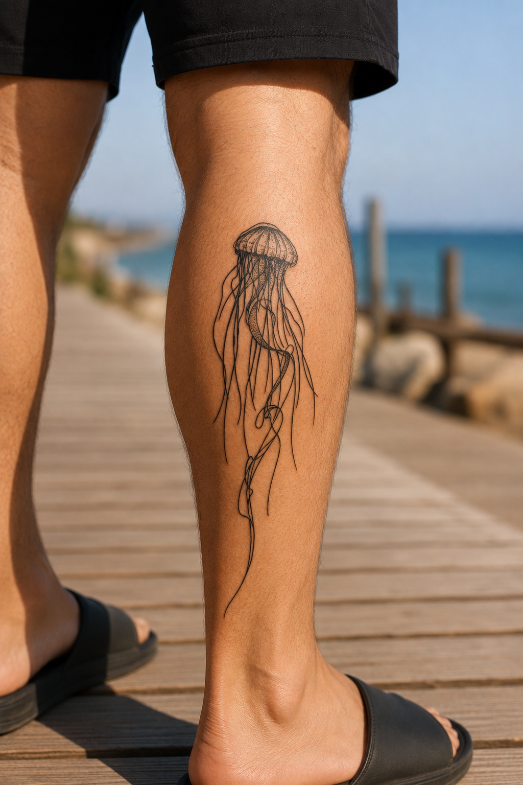 Leg tattoo on a person’s calf standing on a wooden boardwalk by the beach