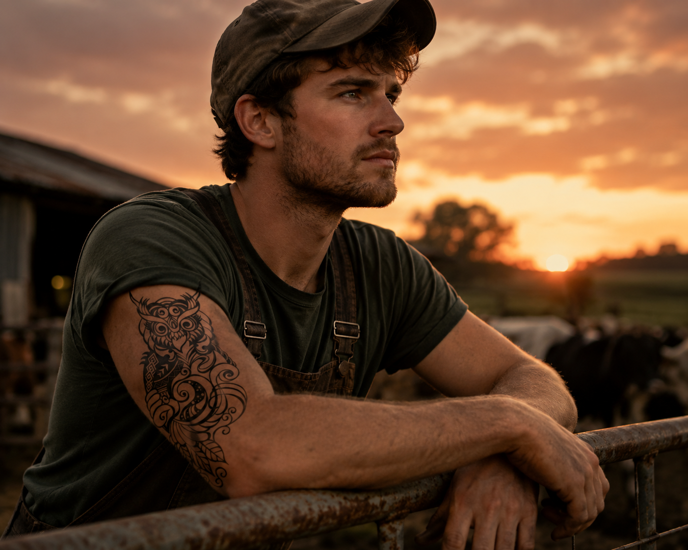 Man leaning on a fence at sunset, wearing a cap and green shirt, with a tattooed arm visible.