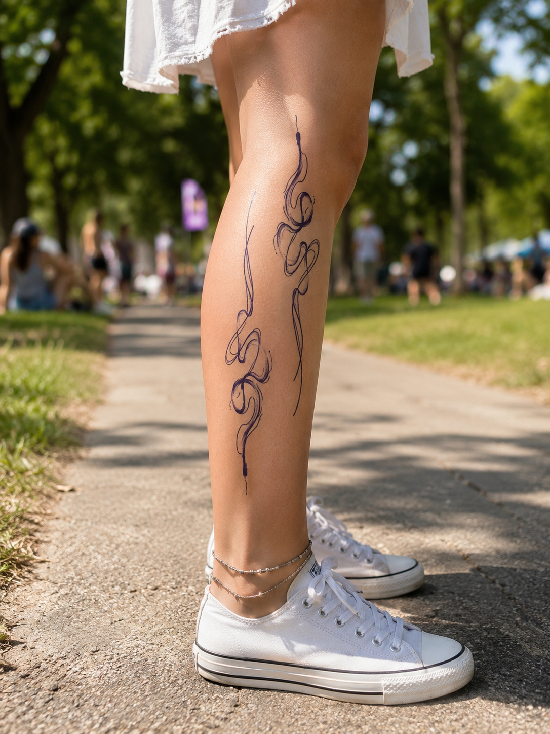 Person’s lower legs in white sneakers, standing on a sunny path with a floral line tattoo.