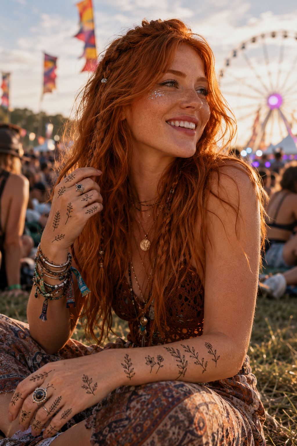 Smiling red-haired woman with tattoos sitting at an outdoor festival near a Ferris wheel at sunset