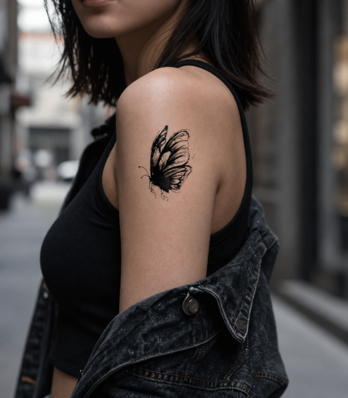 Close-up of a person’s upper arm with a black butterfly tattoo, wearing a black top and denim jacket outdoors