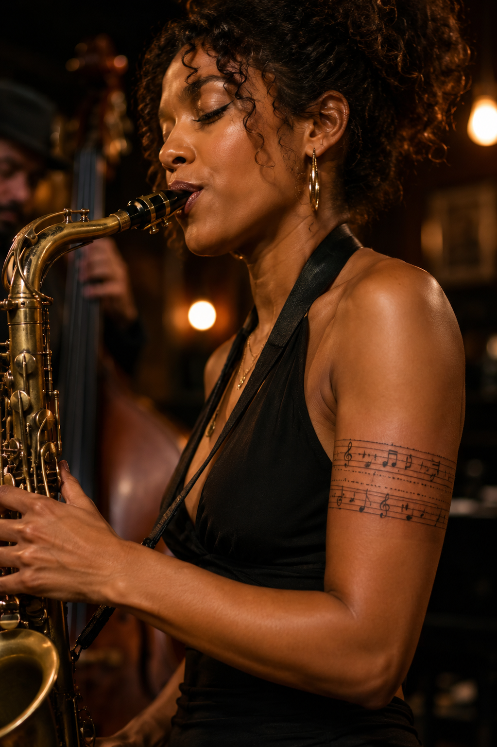 Woman playing saxophone on a dimly lit stage, wearing a black dress with warm bokeh lights behind her.