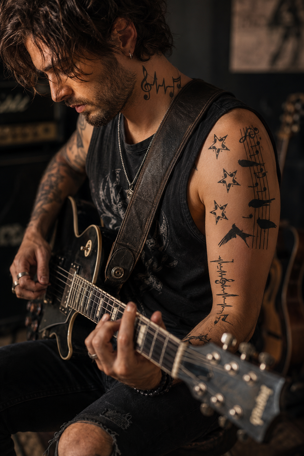 Tattooed person playing a black electric guitar in a dim, moody room