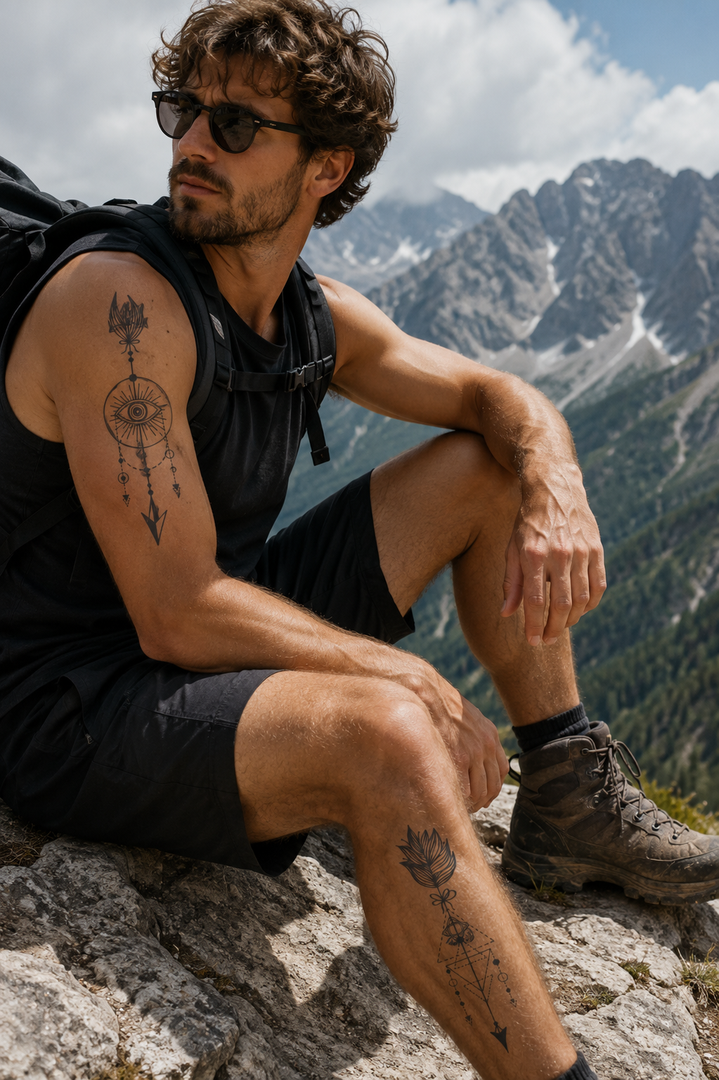 Man sitting on a rock in a black outfit, looking over a mountainous landscape.