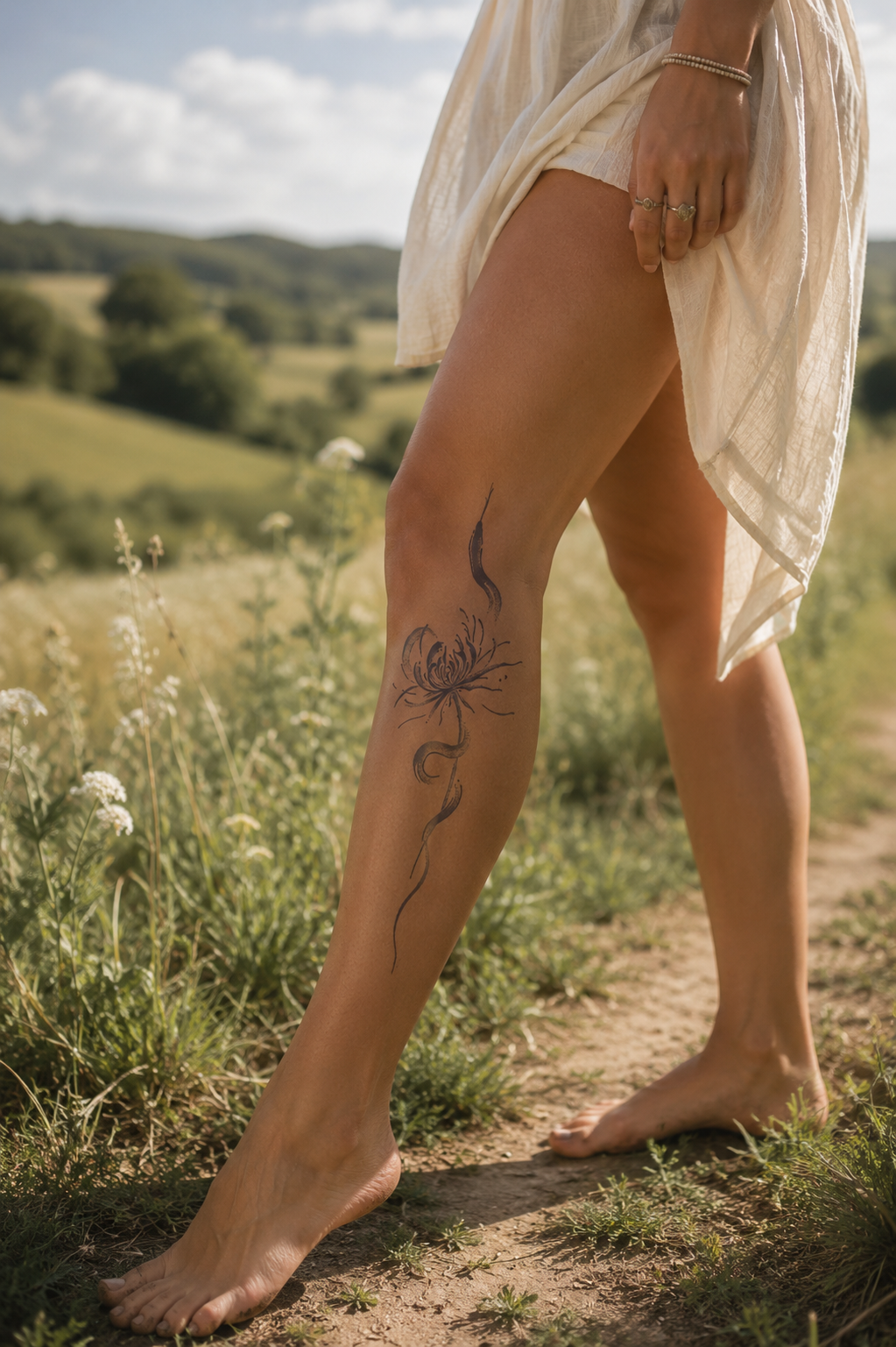 Person standing barefoot on a grassy hillside, wearing a light dress, with a floral tattoo on the leg.
