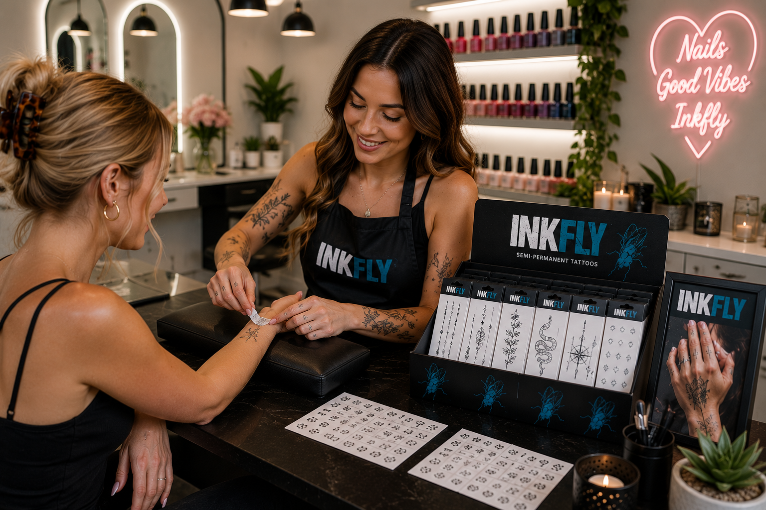 Tattoo artist applying a hand tattoo in a bright studio with INKFLY displays and sample sheets