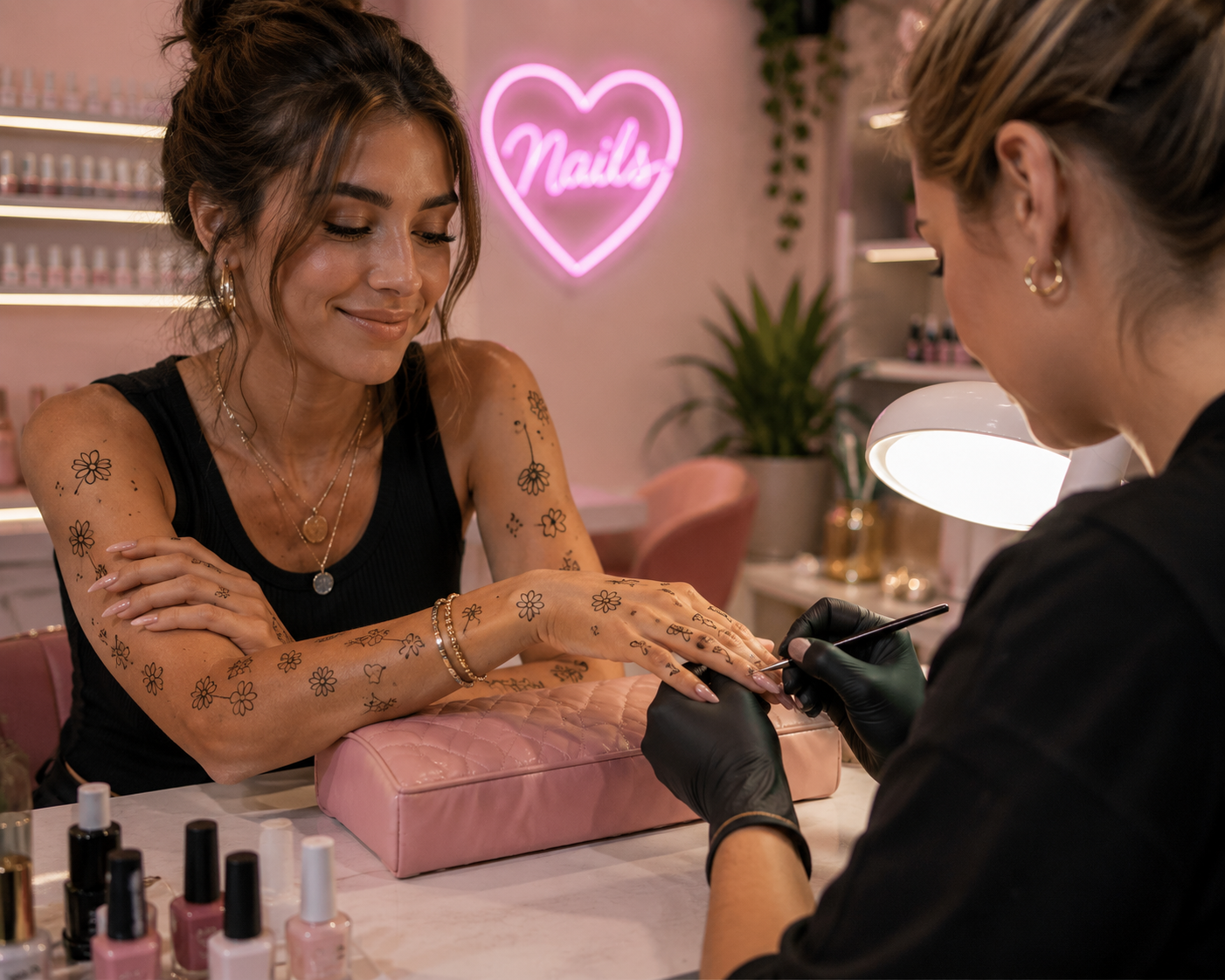 Nail technician painting a client's nails at a salon table with a pink neon sign in the background