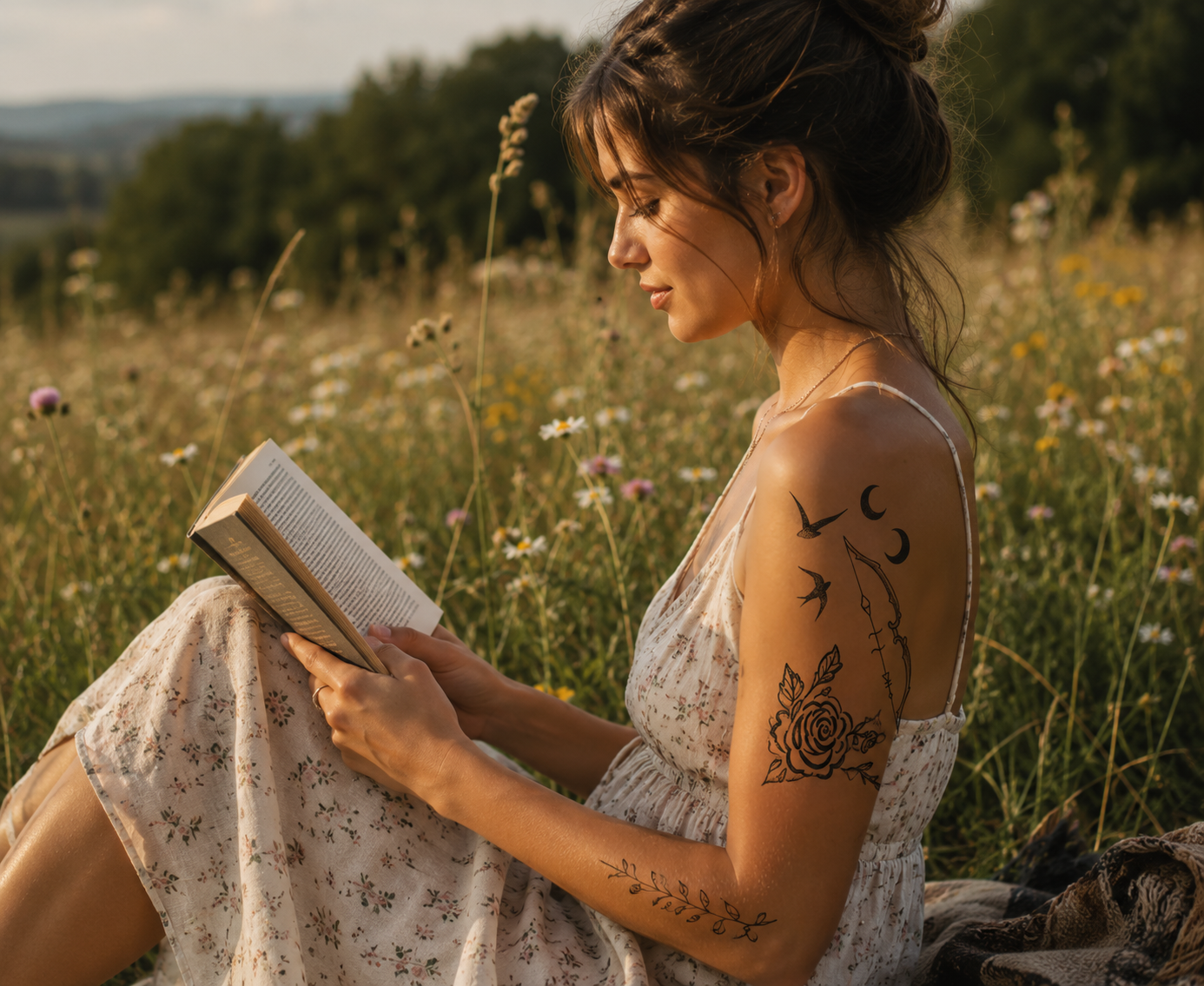 Woman reading a book in a sunlit wildflower field, seated in a floral dress with tattoos visible.
