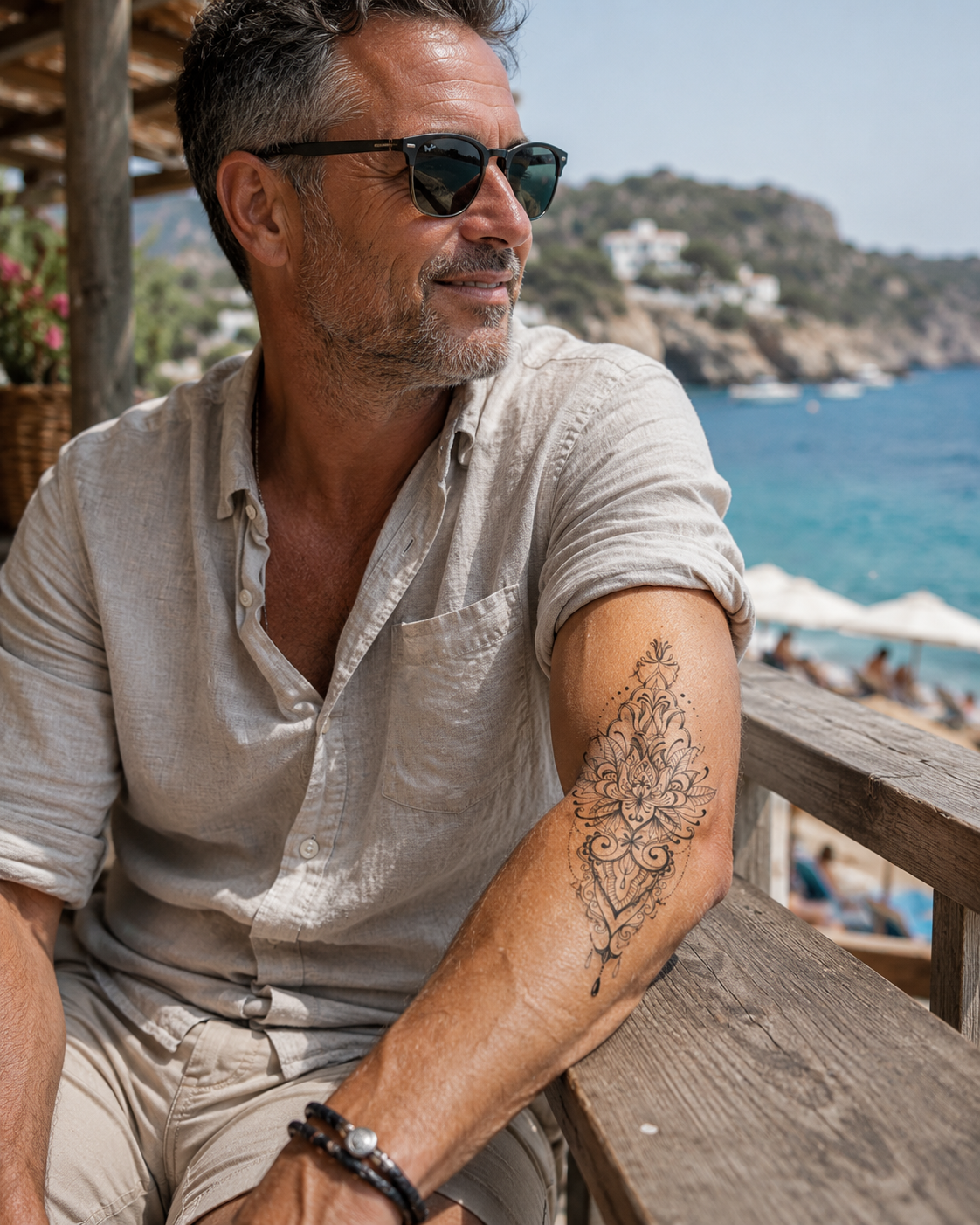 Man in sunglasses and beige shirt sitting by the sea on a wooden terrace, looking off to the side.