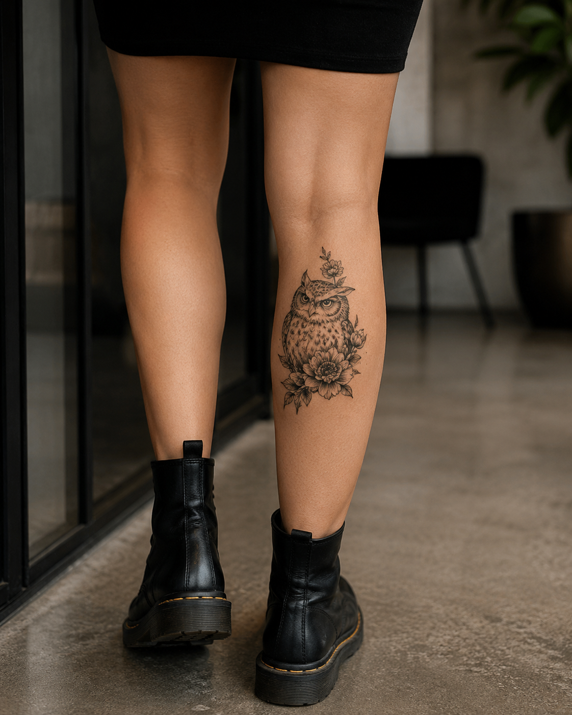 Back view of a person wearing black boots and a black skirt, with a floral tattoo on one calf.