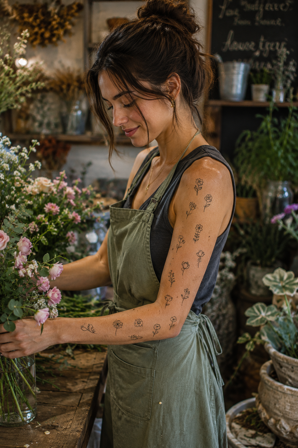 Woman arranging pink flowers in a rustic flower shop, wearing a green apron and smiling.