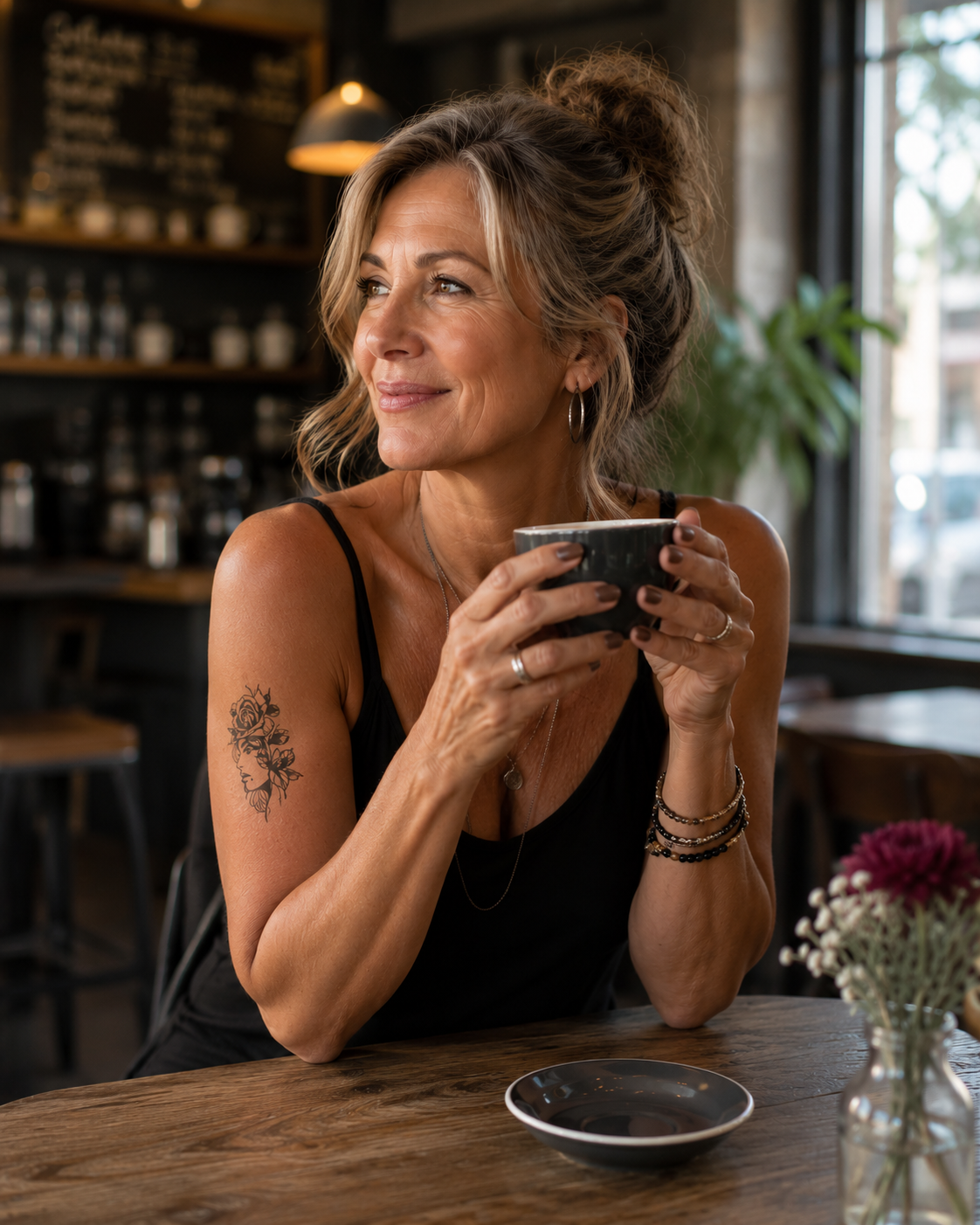 Woman holding a cup in a cozy cafe, smiling by a wooden table with a small saucer and flowers.
