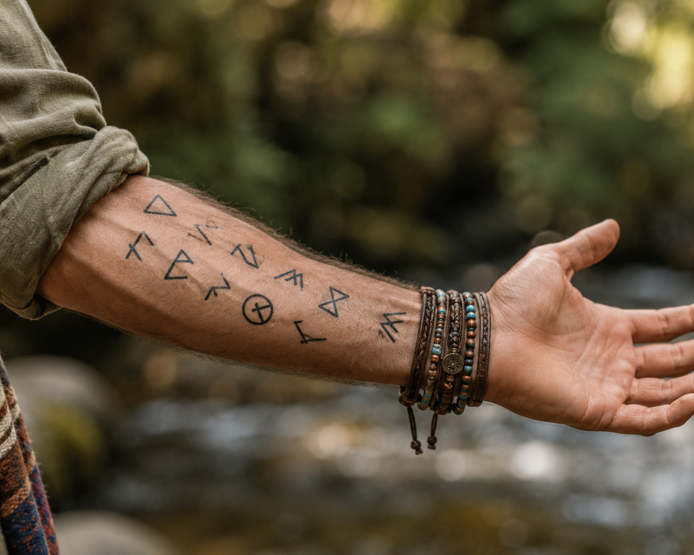 Tattooed forearm with bracelets held out over a blurred forest stream
