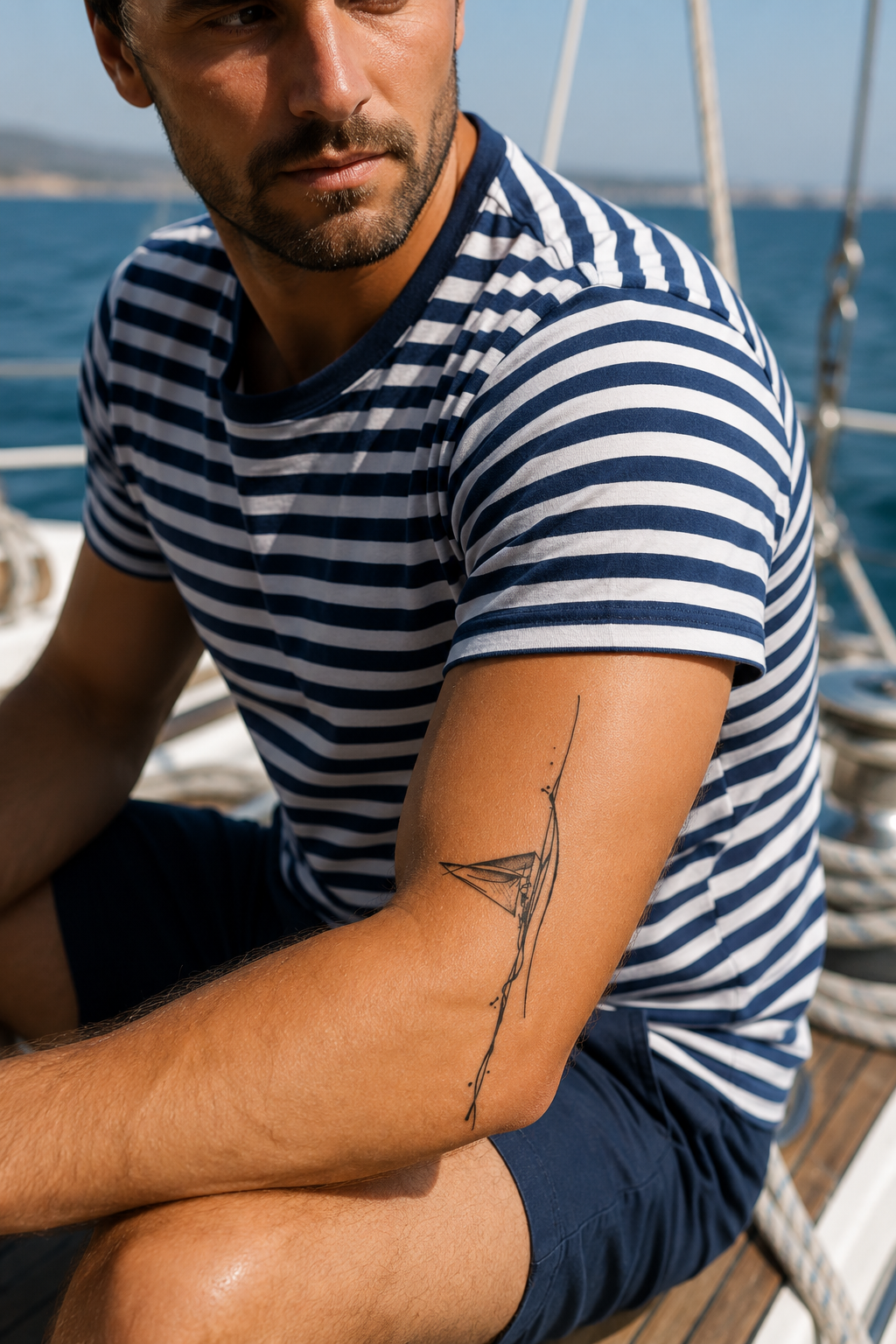 Man in a navy-and-white striped shirt sits on a sailboat with a tattoo on his arm, sea in the background