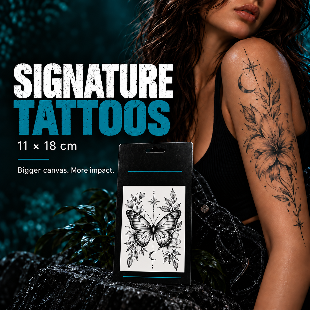 Tattoo ad with “Signature Tattoos” text and a model showing a black floral arm tattoo