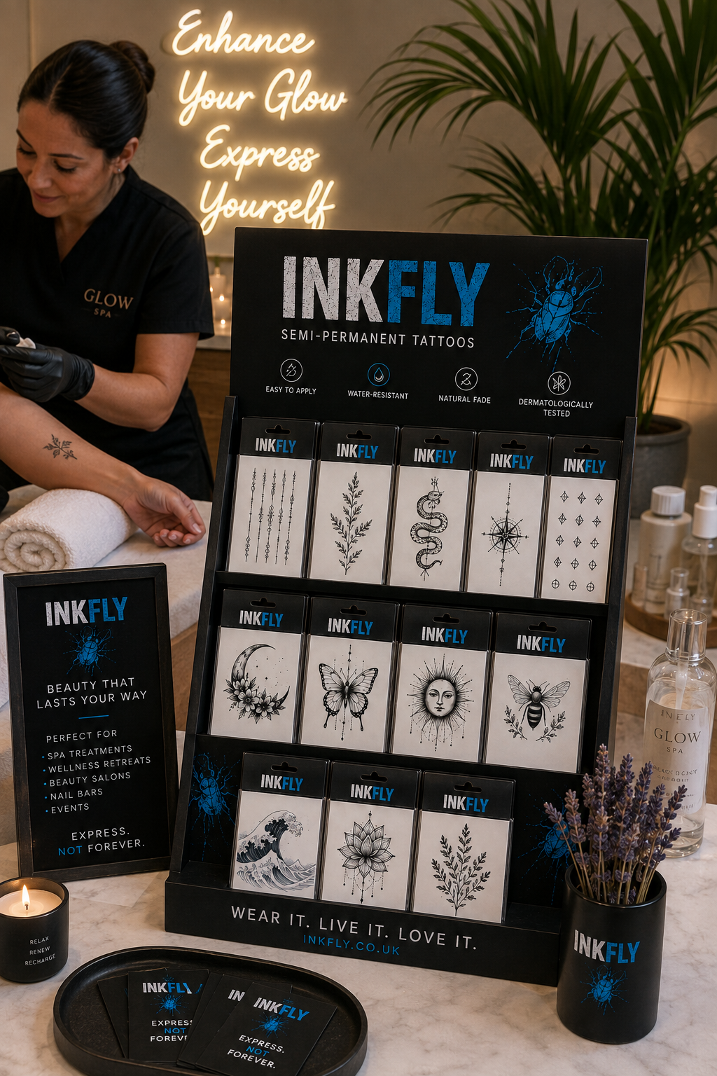 INKFLY tattoo display booth with sample designs, candles, flowers, and a person arranging items nearby