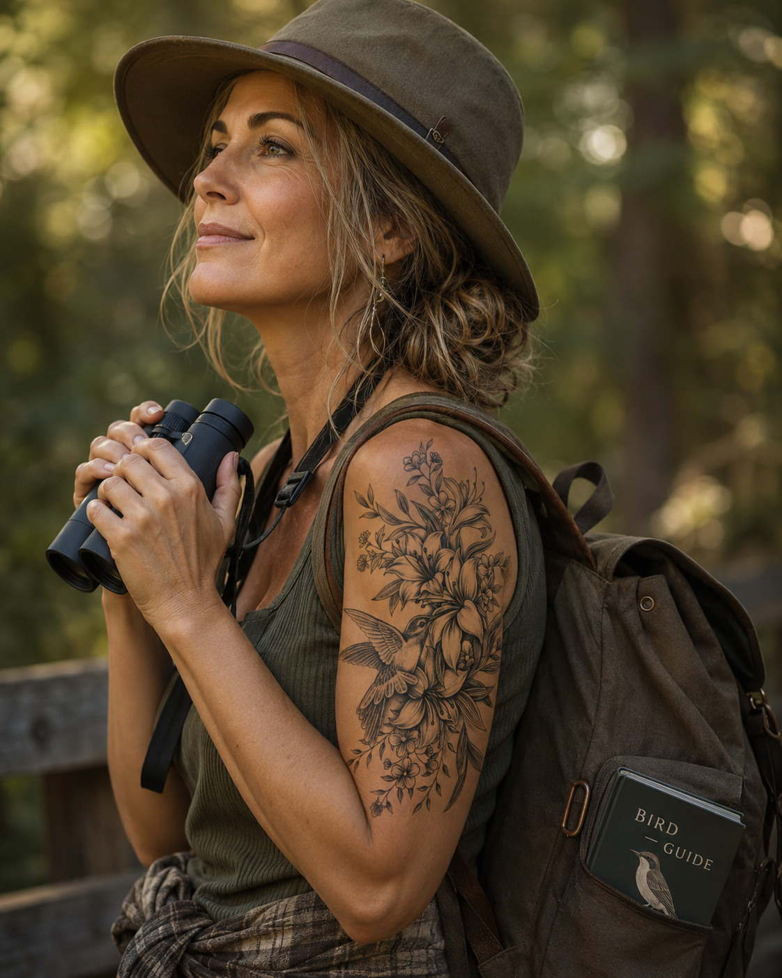 Woman in a brown hat holding binoculars, smiling in a wooded trail with a backpack.