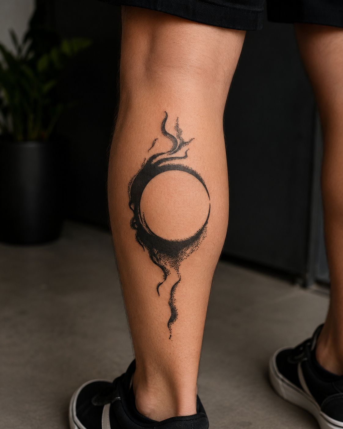 Close-up of a lower leg with a black circular tattoo on the calf, wearing black shorts and sneakers