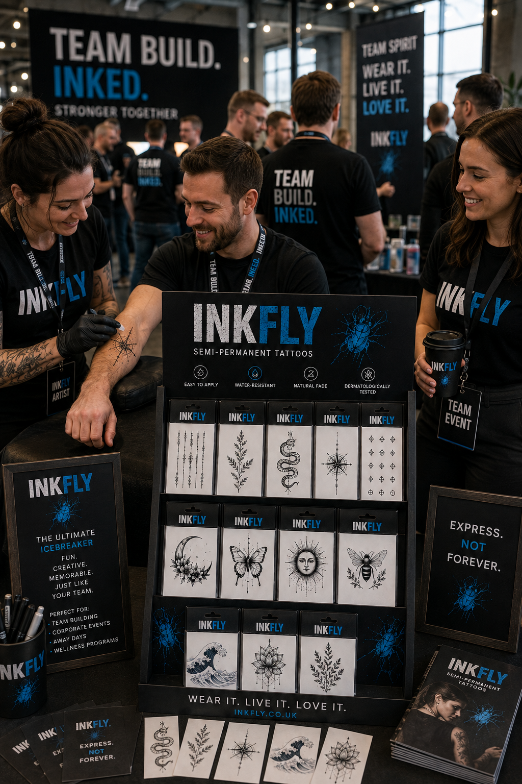 People at an INKFLY booth at a trade show, displaying printed cards and promotional signs.