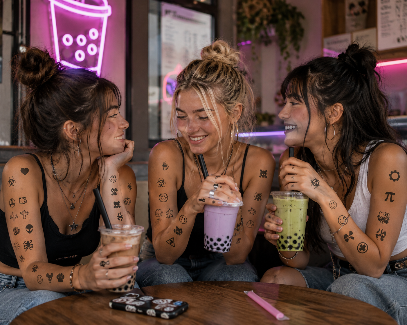 Three friends laughing over boba drinks at a café table under pink neon lights