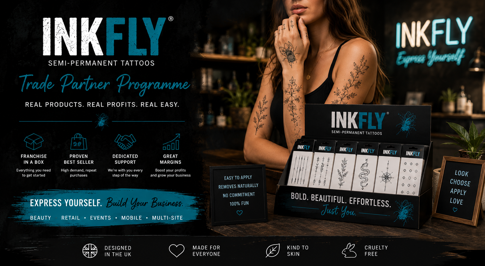 INKFLY promotional flyer with a model, black product boxes, and teal text on a dark background