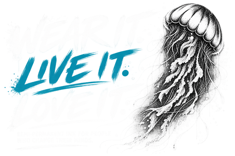 “LIVE IT.” slogan with a black-and-white jellyfish illustration on a white background