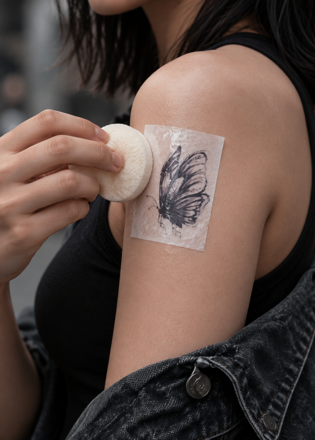 Person applying a cotton pad to a bandaged upper arm with a butterfly tattoo.